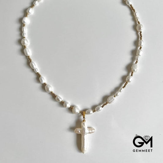 Freshwater Pearl Cross Pendant Necklace