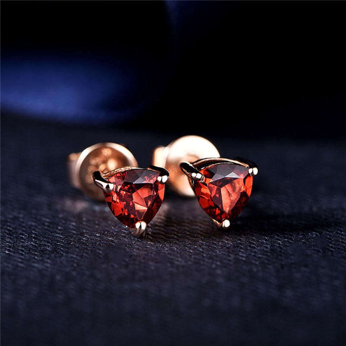 Rose Gold Triangle Ruby Garnet Stud Earrings