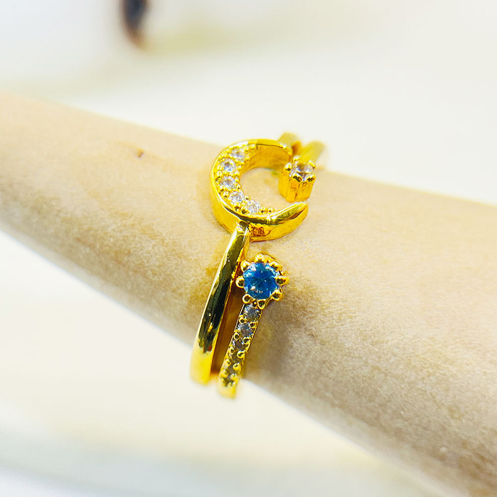 Golden Double Layer Blue.Zircon Moon And Star Ring