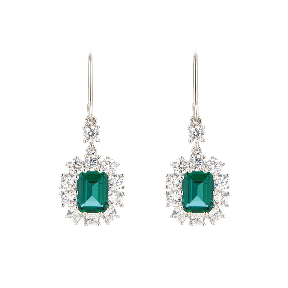 White Gold Sun Flower Shape Full Diamond Drop Earrings with Emerald Gem