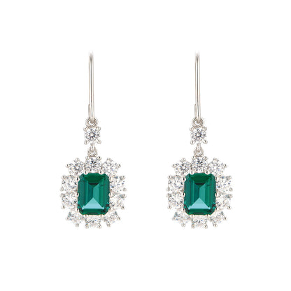 White Gold Sun Flower Shape Full Diamond Drop Earrings with Emerald Gem