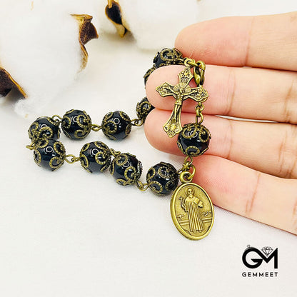 Obsidian Holy Medal Cross Rosary Bracelet