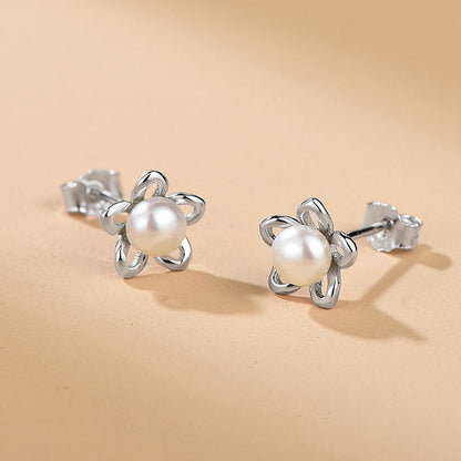 White Gold Organic Pearl Hollow Flower Shape Stud Earrings