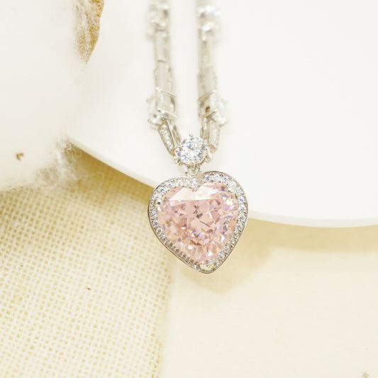 White Gold S925 Pink Gem Heart Stones Pendants Necklace