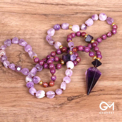 Purple Jade Amethyst  Beaded Mala Necklace