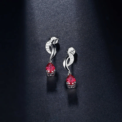 White Gold Hollow Drop Earrings with Pear Brilliant Cut Ruby Gem