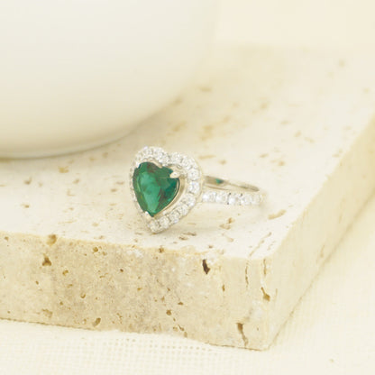 White Gold Heart Emerald Full Stones Signet Ring