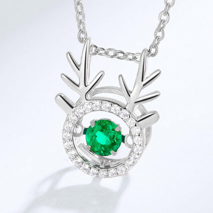 White Gold Elk Shape Hollow Beating Emerald Chain