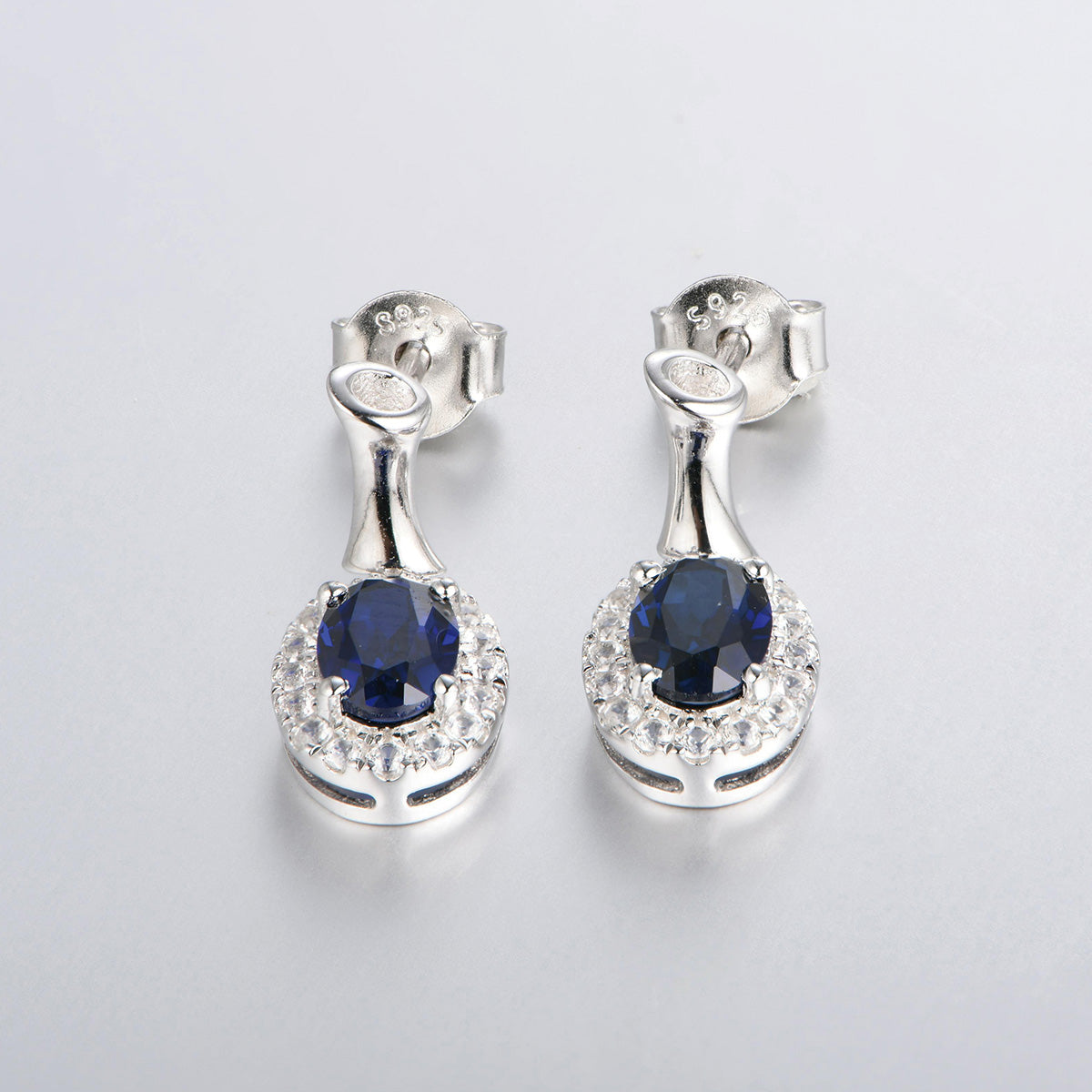 White Gold Full Stones Drop Earrings with Oval Brilliant Cut Sapphire