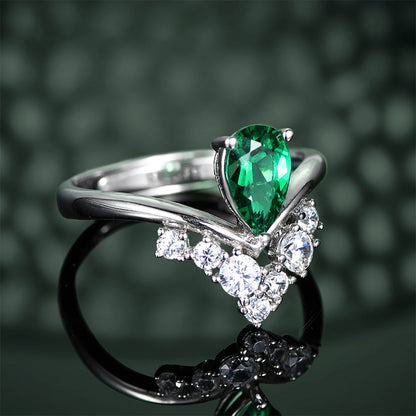 White Gold S925 Drip Emerald Crown Shape Adjustable Rings