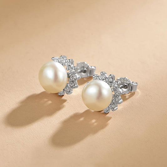 White Gold Full Stones Organic Pearl Flower Shape Stud Earrings