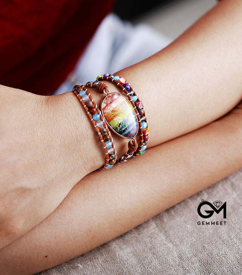 7-Color Imperial Stone Cow Leather Rope Wrap Bracelet