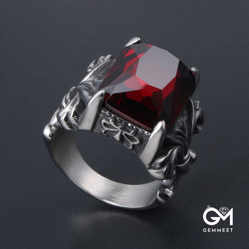 Titanium Steel Royal Flower Red Zircon Ring