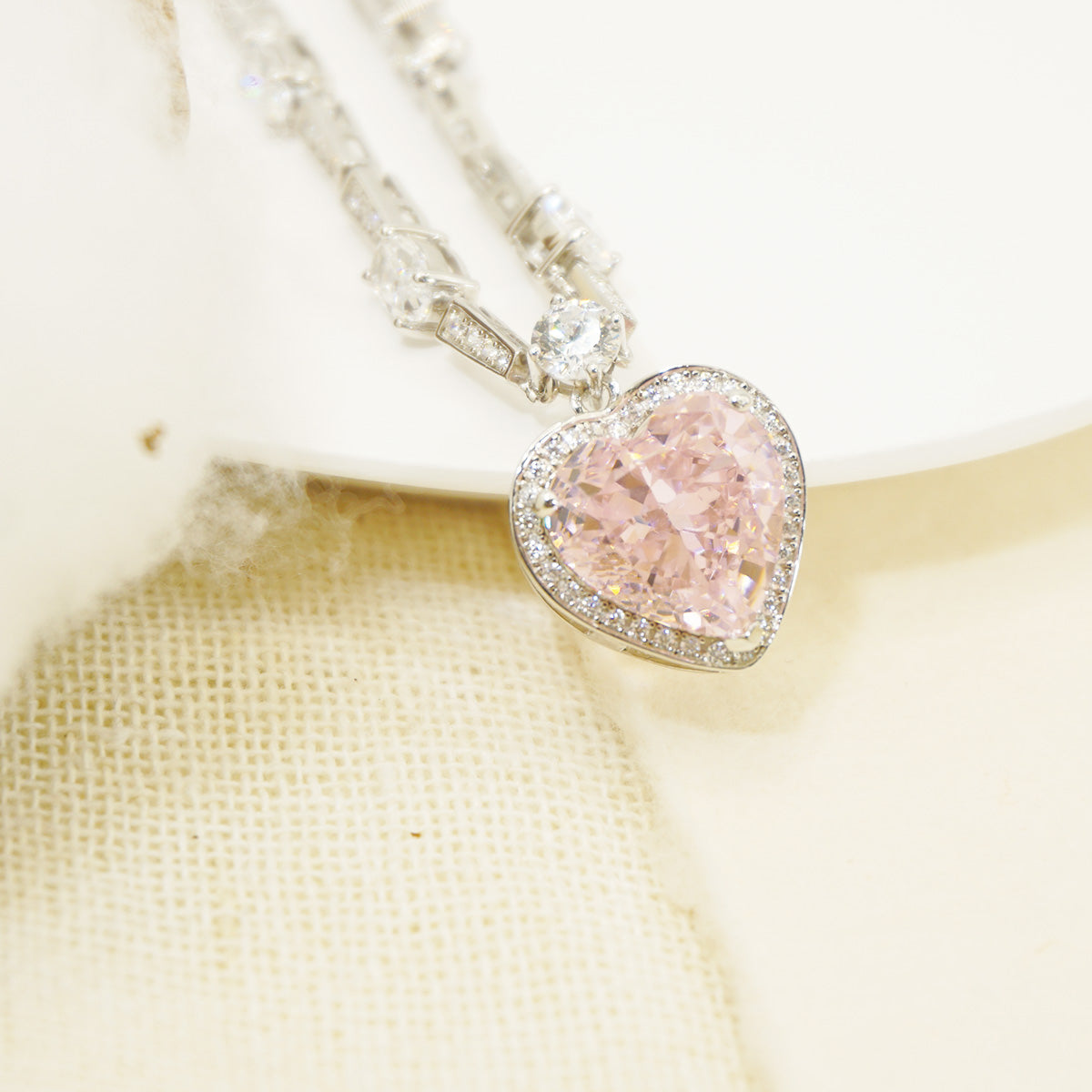 White Gold S925 Pink Gem Heart Stones Pendants Necklace