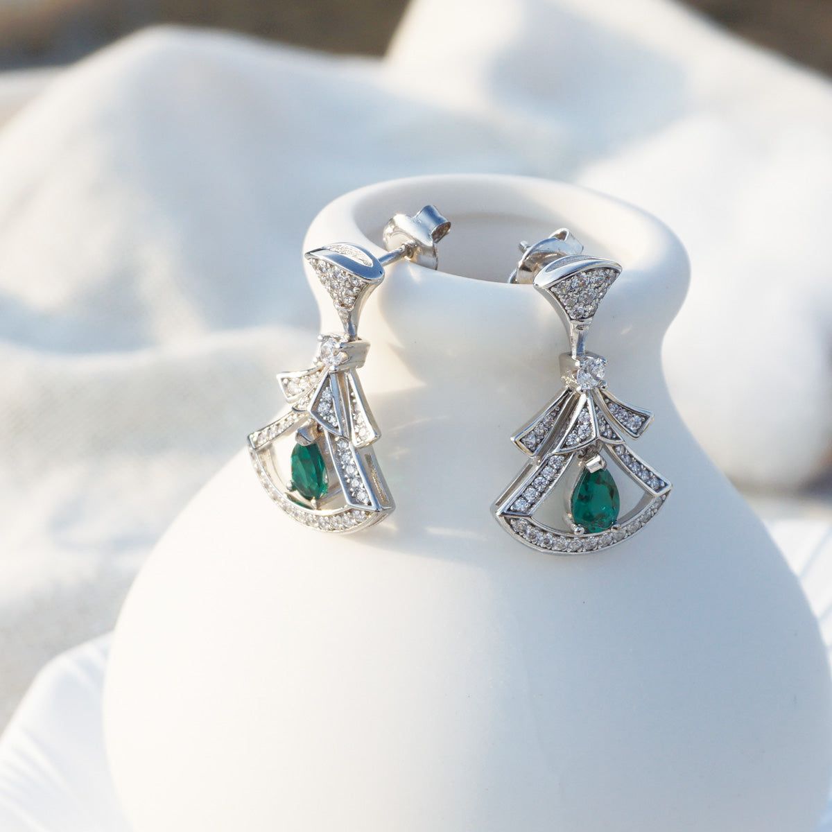 White Gold Green Gem Skirt Shape Drop Earrings