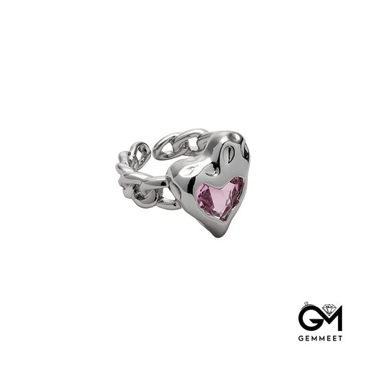 Opal Pink Heart Zircon Open Chain Shape Ring