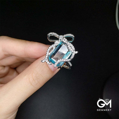 New Brilliant Imitation Aquamarine Bow Ring Fire Santa Maria Imitation Topazche Ring