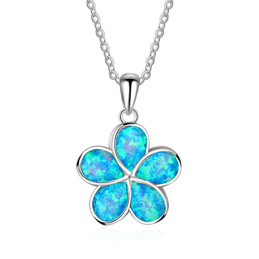 White Gold Flower Shape Blue Opal Pendants Chains