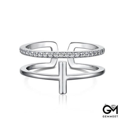 S925 Zircon Cross Double Geometric Opening Ring