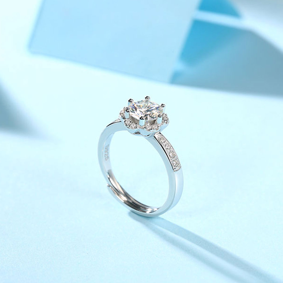 White Gold Flower Shape Adjustable Moissanite Ring