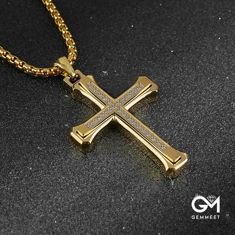 Double Cross Titanium Steel Zircon Necklace