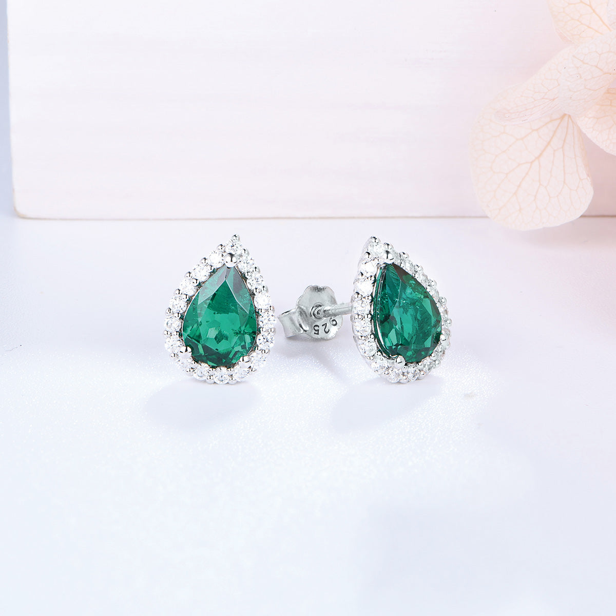 White Gold Pear Shape Full Stones Stud Earrings With Emerald Gem