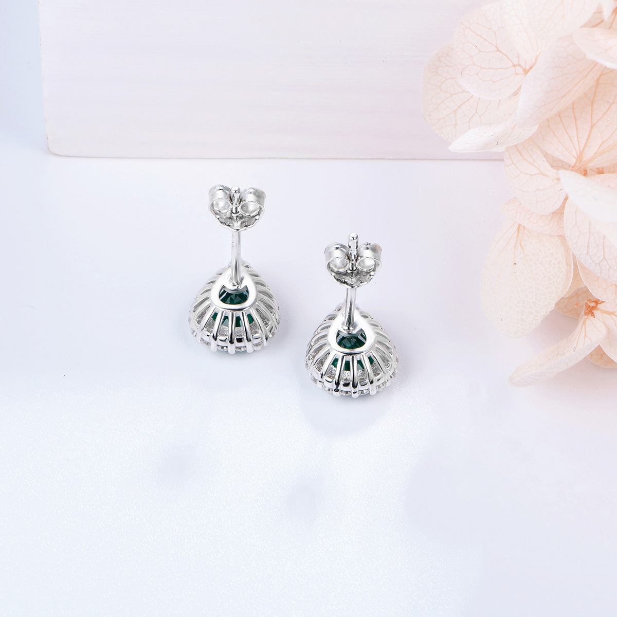 White Gold Pear Shape Full Stones Stud Earrings With Emerald Gem