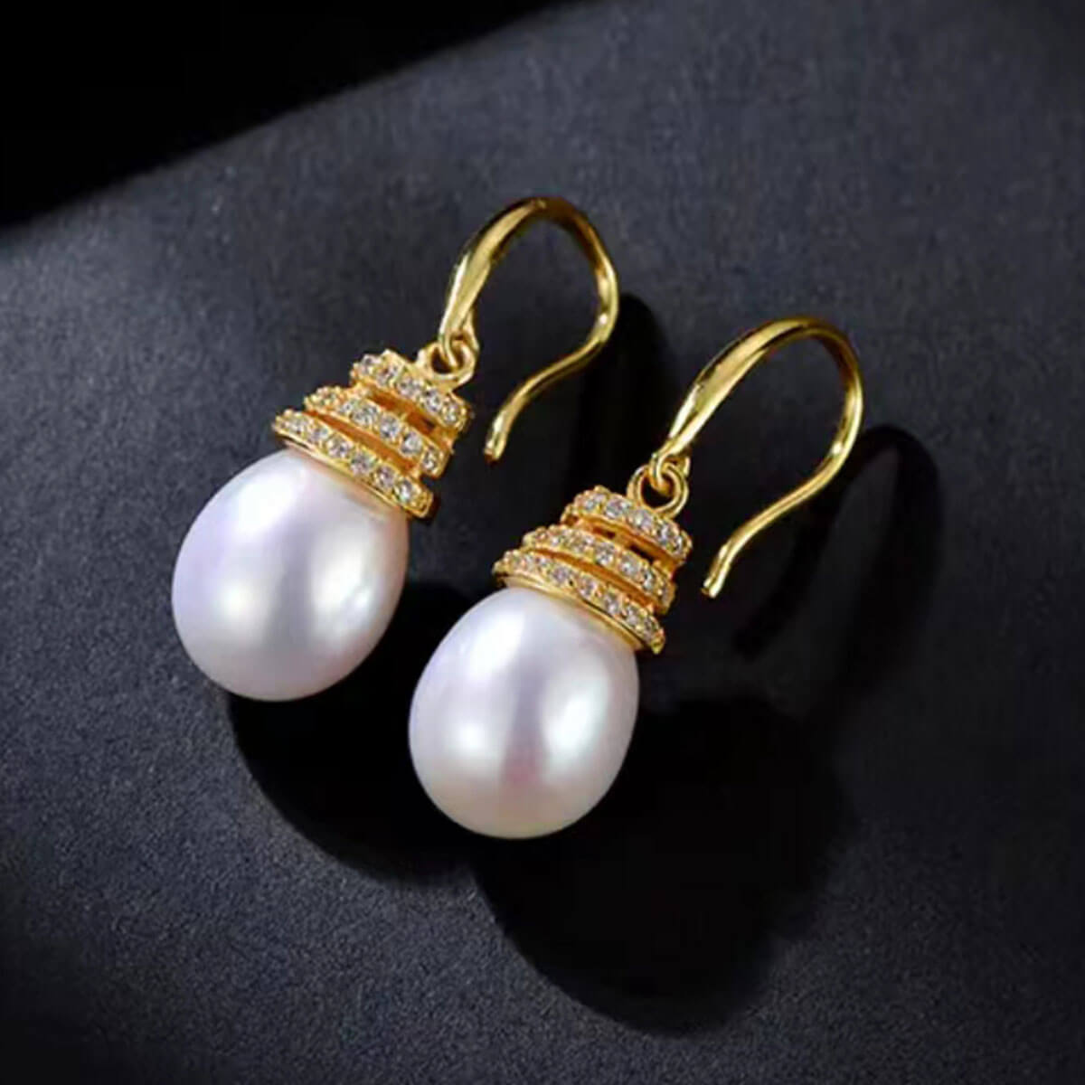 Golden Full Stones Organic Oval Pearl Dangle Earrings