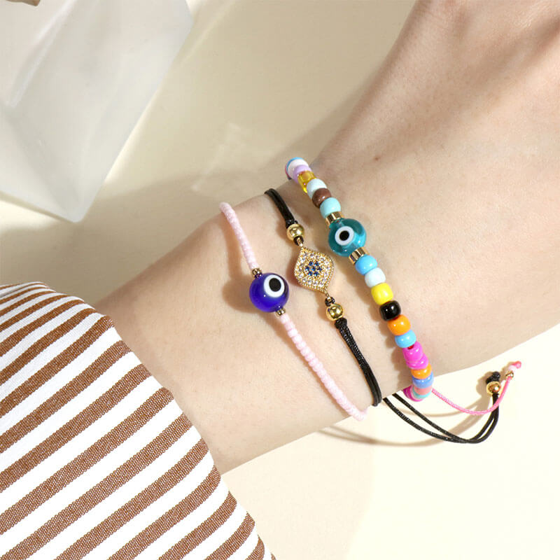 Boho Style Handwoven Multicolor Beaded Bracelet Round Resin Eye and Hand Jewelry