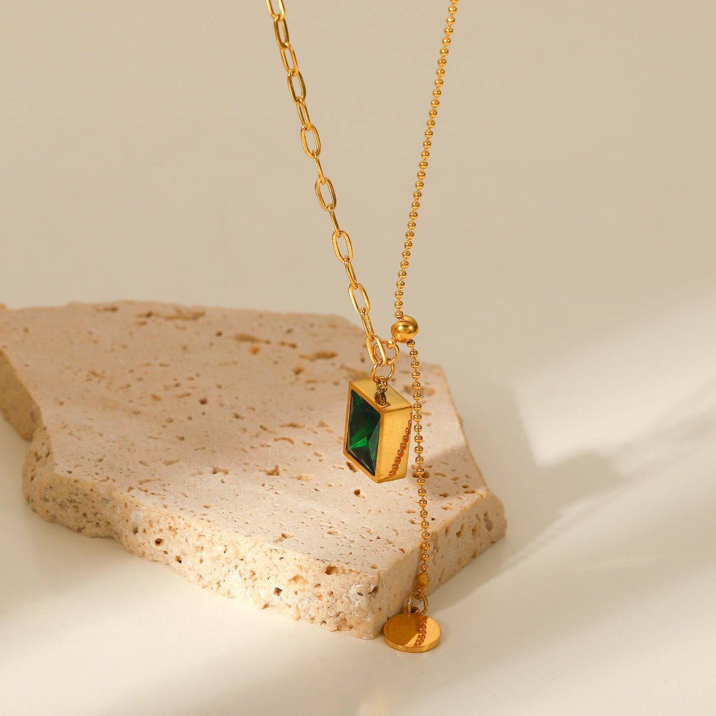 Rectangle Green Crystal Dangle Pendant Chain Necklace