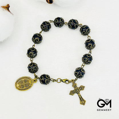 Obsidian Holy Medal Cross Rosary Bracelet