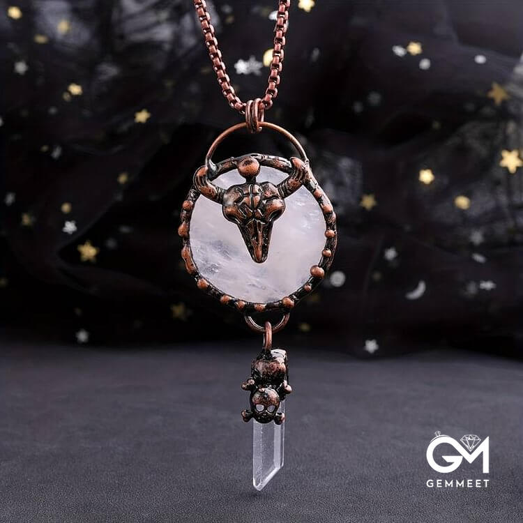 Copper Ox Head With Clear Quartz Gemstone Necklace