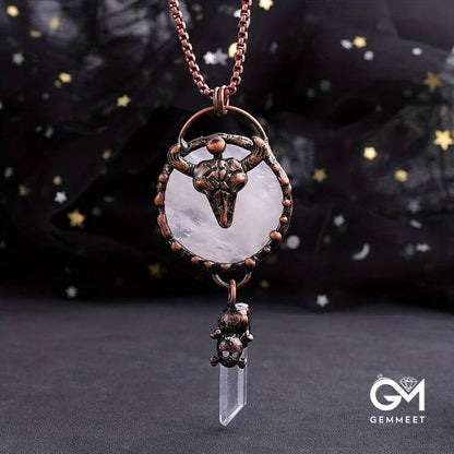 Copper Ox Head With Clear Quartz Gemstone Necklace