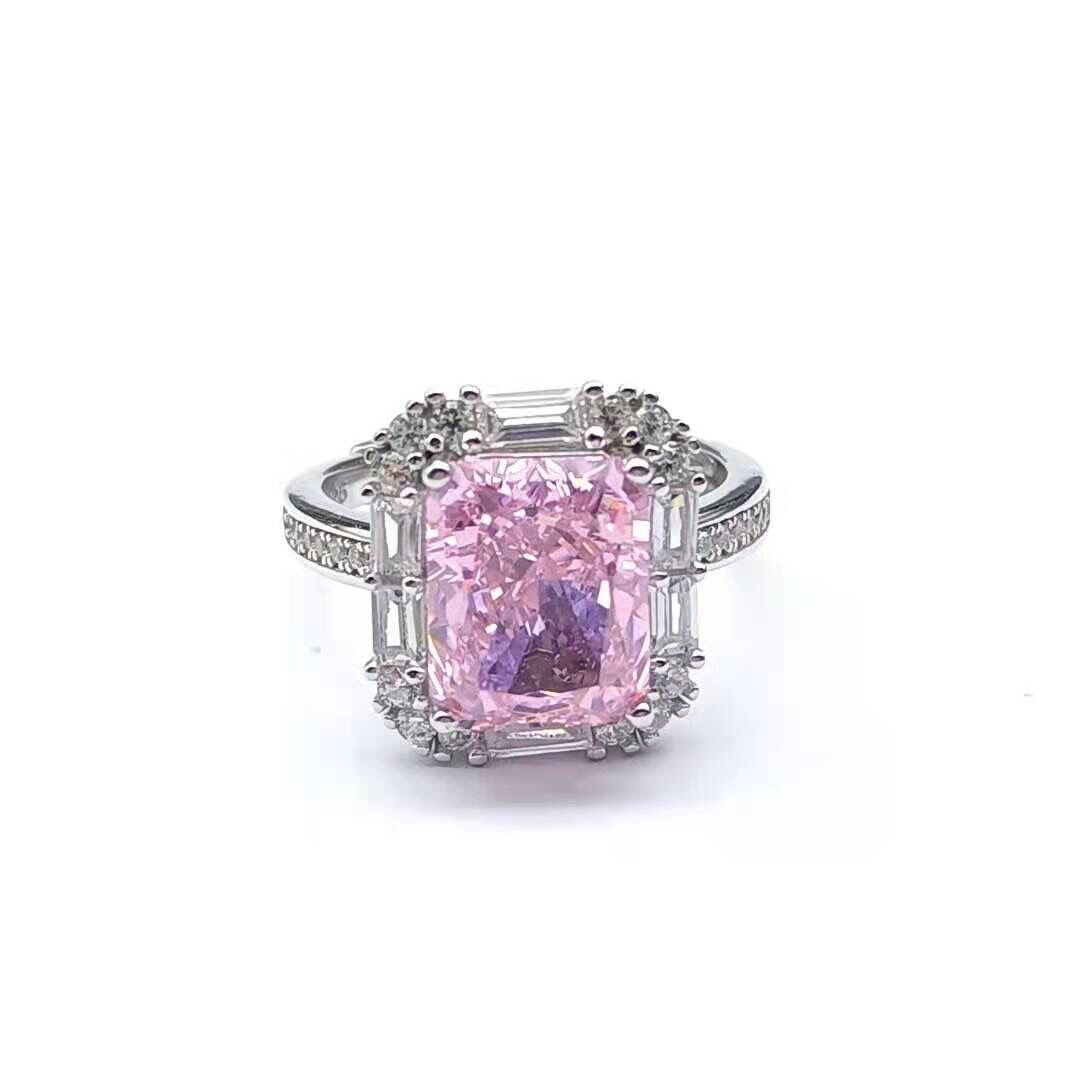 White Gold Rectangle Pink Gem Adjustable Halo Ring