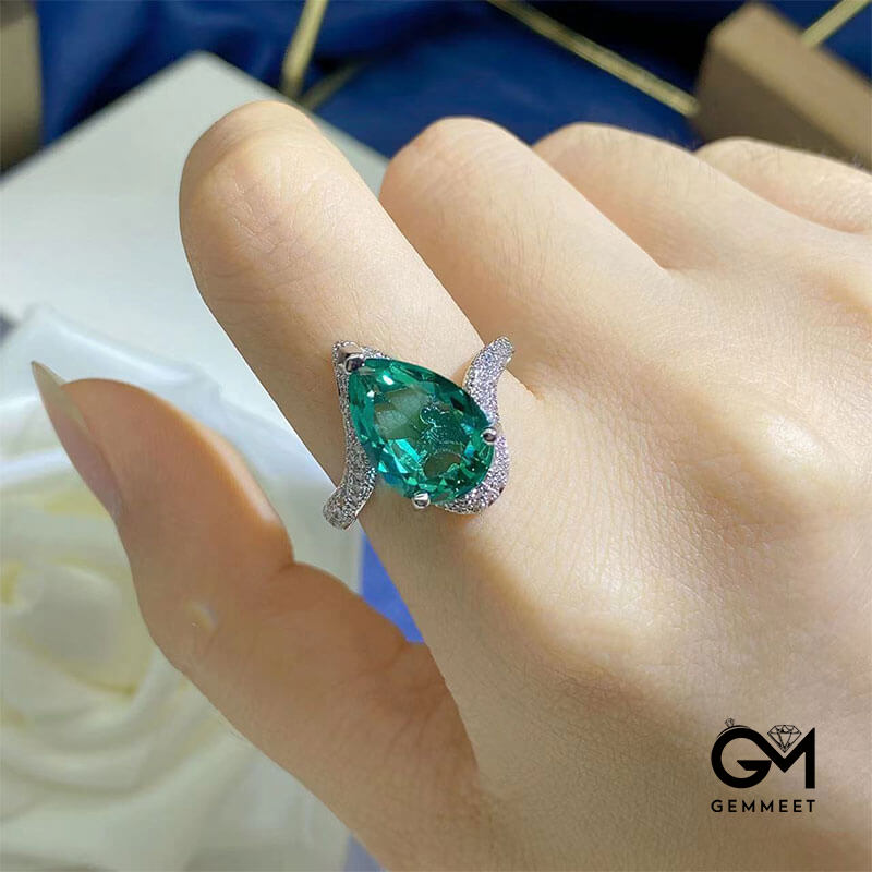 Simulated Paraiba Tourmaline Ring Large Carat Water Drop Pear-shaped Synthetic Color Gemstone Ring