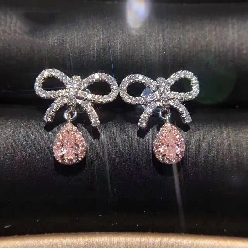 Temperament Bowknot Pink Diamond Earrings Set with Water Drop Pear-shaped Colored Diamond Yellow Zircon Earrings