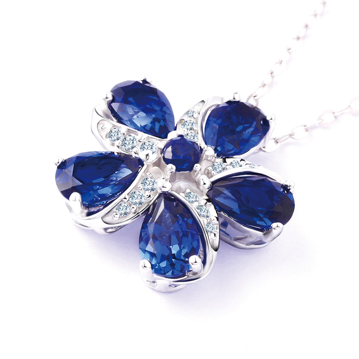 Sterling Silver Five-leaf Clover Shape Pendant with Pear Brilliant Cut Sapphire