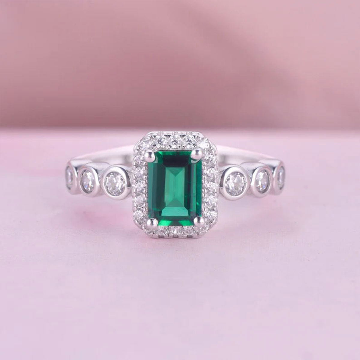 White Gold S925 Silver Rectangle Shape Emerald Signet Ring