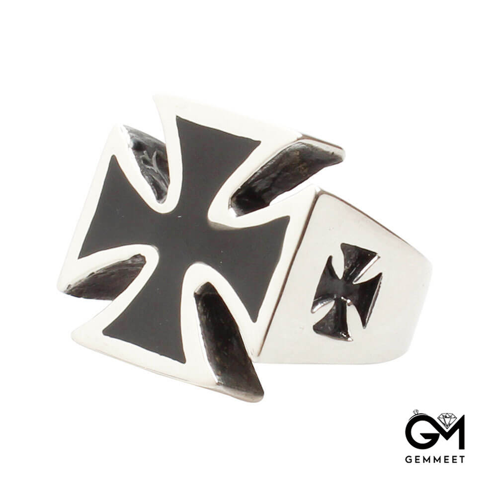 Stainless Steel Cross Drops Glue Black and White Gold Ring