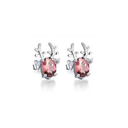 White Gold Elk Shape Ruby Gem Stud Earrings