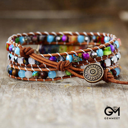 7-Color Imperial Stone Cow Leather Rope Wrap Bracelet