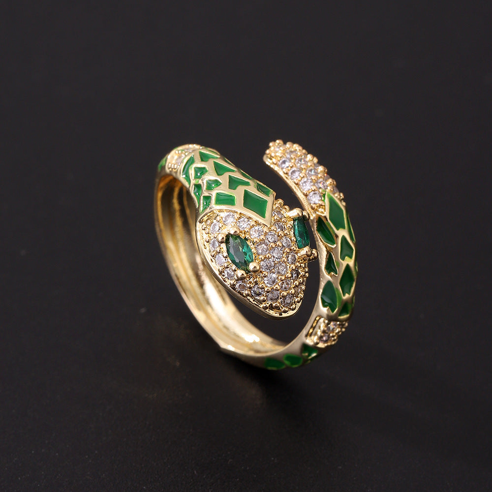 Gold Plated Vintage Green Eye Snake Ring