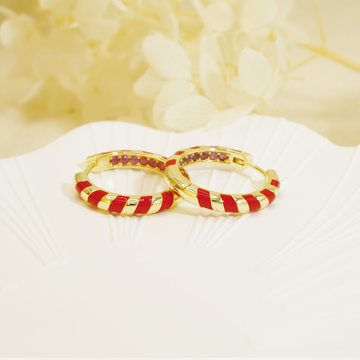 Red Stripe Round Gold Hoop Earrings for Women