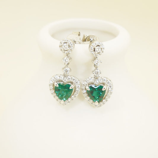 White Gold Halo Heart Emerald Full Stones Drop Earrings