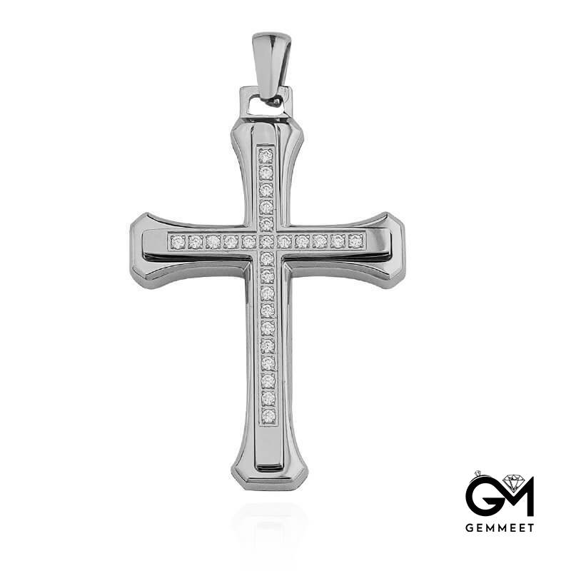 Double Cross Titanium Steel Zircon Necklace