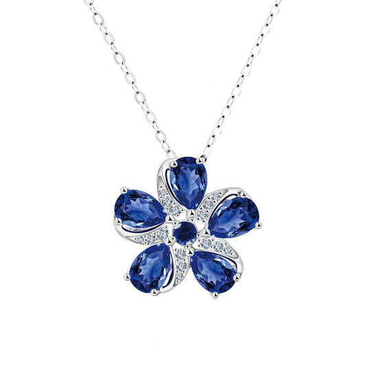 Sterling Silver Five-leaf Clover Shape Pendant with Pear Brilliant Cut Sapphire