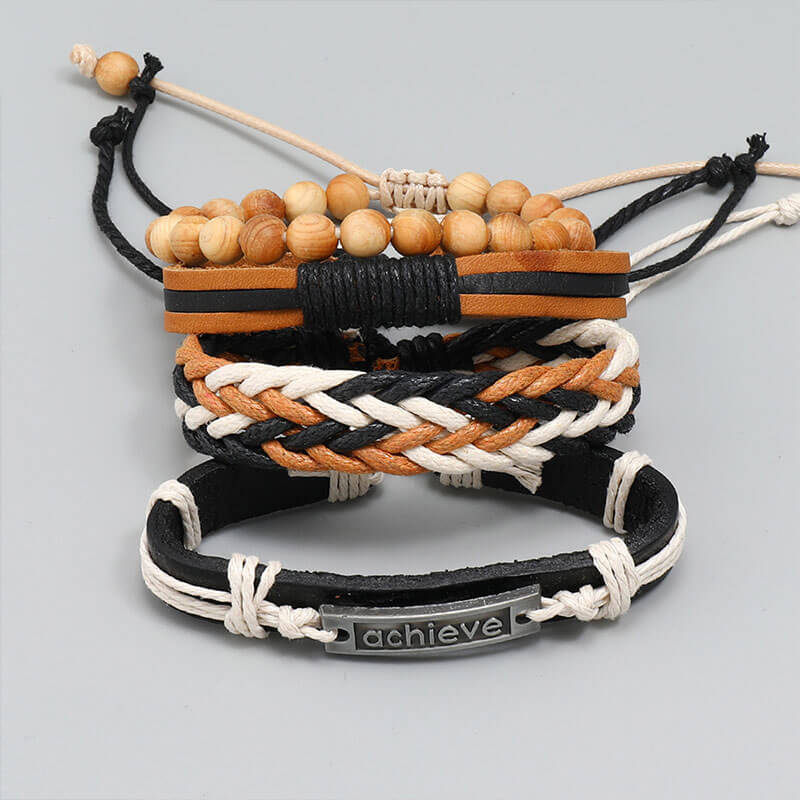 Simple Handmade Wooden Bead Braided Leather Bracelet Set of Four Bracelets