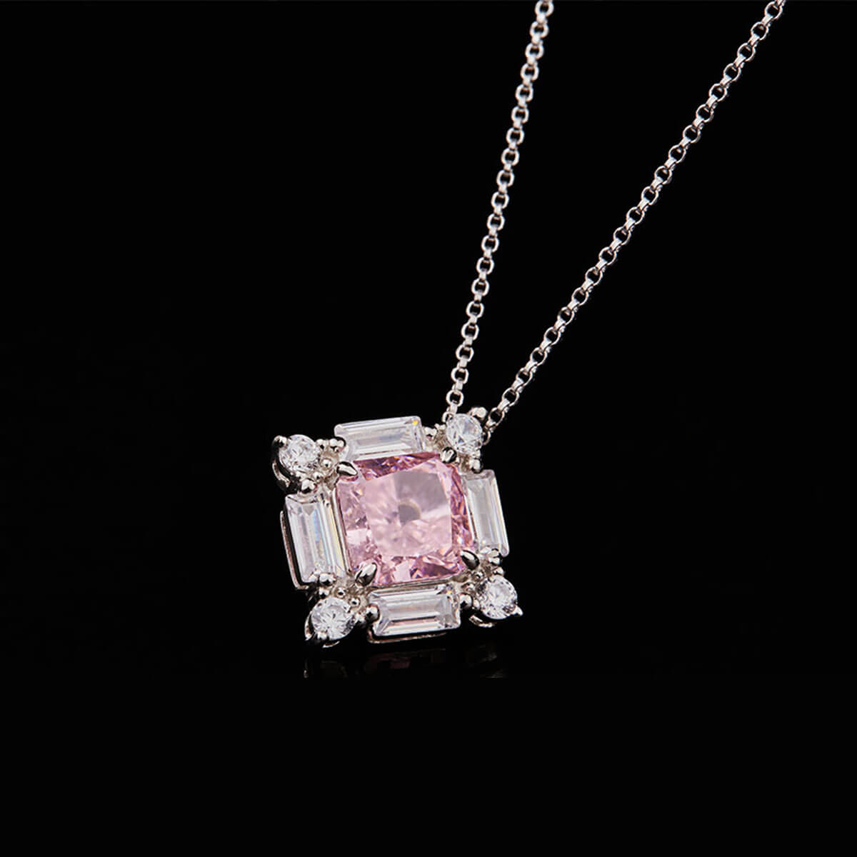 White Gold Square Cut Pink Gem Halo Pendant Chain