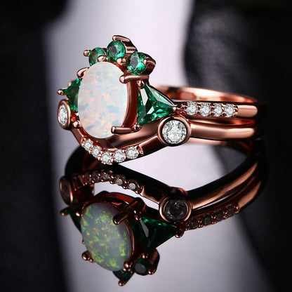 Opal White Zircon Emerald Double Rose Gold Ring