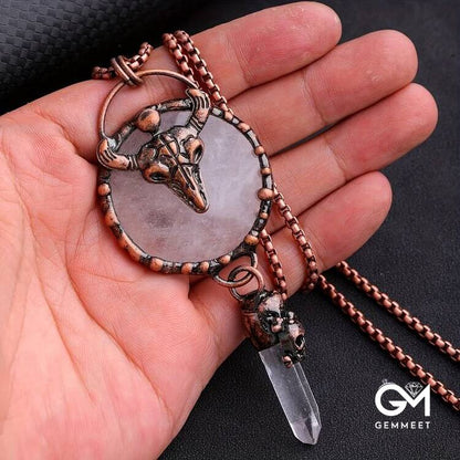 Copper Ox Head With Clear Quartz Gemstone Necklace